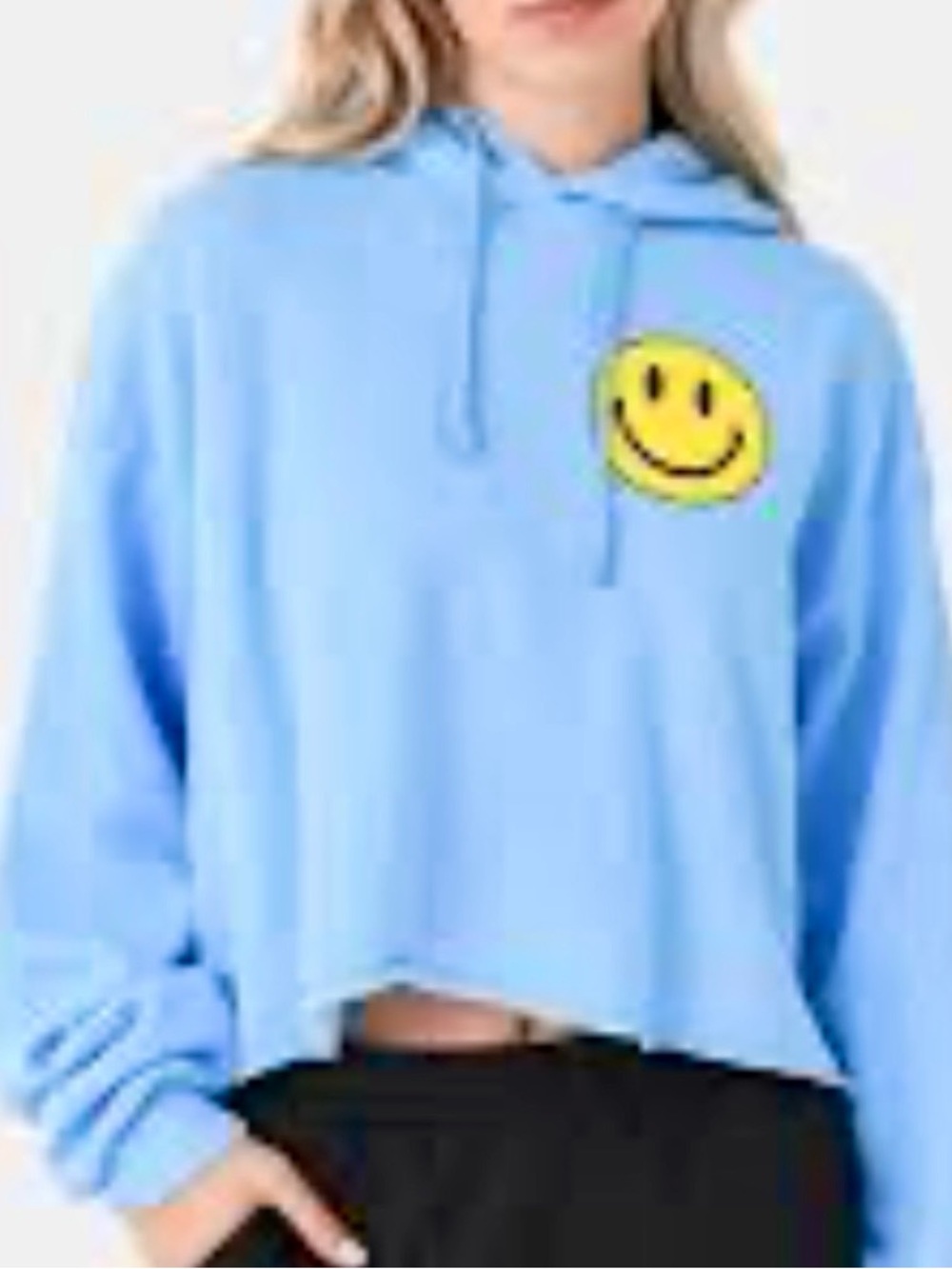 Aviator Nation Light Blue Cropped Hoodie with Yellow Smiley Sz S